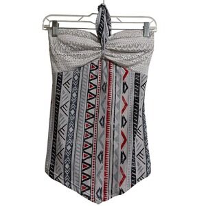 No Boundaries Womens S Tribal Print Halter Top Lace Smocked Handkerchief Hem